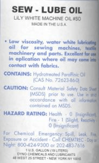 Consew Oils and Grease One gallon generic Lily White "Stainless" Oil for Industrial Sewing Machine & Serger Oil Reservoirs